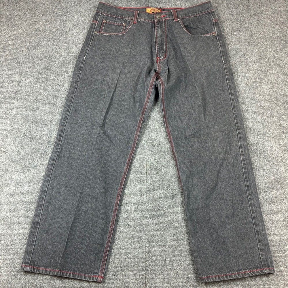 Urban Label Baggy Jeans Mens 38x29 Gray‎ Red Contrast Stitch Y2K Wide Leg Denim